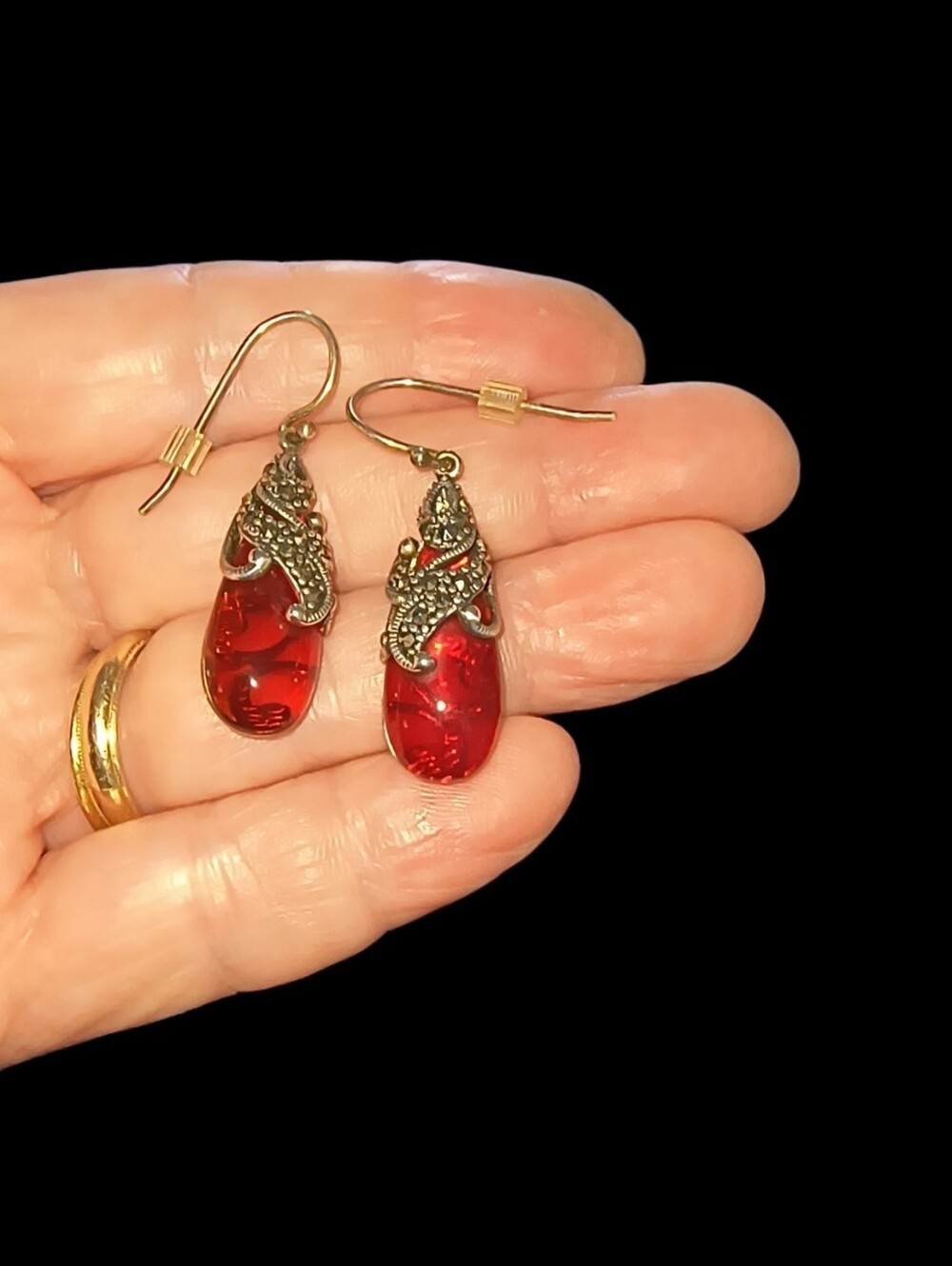 Sterling Silver, Ruby Red Glass & Marcasite Exotic Teardrop Earrings - Picture 5 of 10